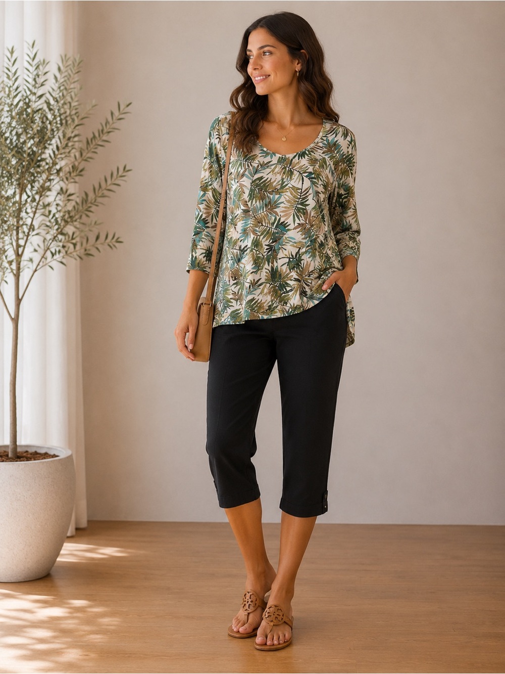 J. Jill Palm Leaf V-Neck in Green, Beige & Teal